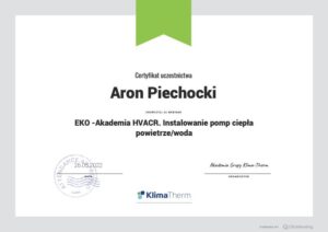 Akademia HVACR instalowanie pomp ciepła powietrze-woda certyfikat KlimaTherm Kaisai Aron Piechocki Green House Systems