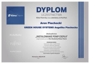 Akademia HVACR instalowanie pomp ciepła powietrze woda dyplom KlimaTherm Kaisai Fujitsu Aron Piechocki Green House Systems