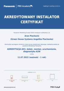 Akredytowany instalator pomp ciepła Panasonic dobór montaż uruchomienie certyfikat Aron Piechocki Green House Systems