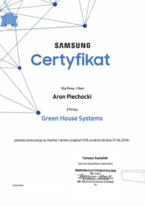 Autoryzowany instalator i serwisant pomp ciepła EHS Samsung certyfikat Aron Piechocki Green House Systems