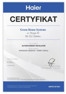 Autoryzowany instalator pomp ciepła Haier certyfikat Aron Piechocki Green House Systems