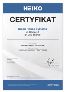 Autoryzowany instalator pomp ciepła Heiko certyfikat Aron Piechocki Green House Systems