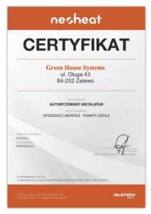 Autoryzowany instalator pomp ciepła Neoheat certyfikat Aron Piechocki Green House Systems