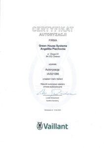 Certyfikat autoryzacji Vaillant Green House Systems