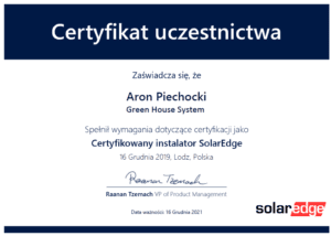 Certyfikowany instalator Solar Edge Aron Piechocki Green House Systems