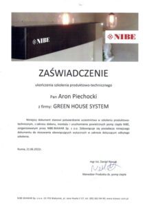 Dobór, montaż i uruchomienie powietrznych pomp ciepła NIBE certyfikat Aron Piechocki Green House Systems