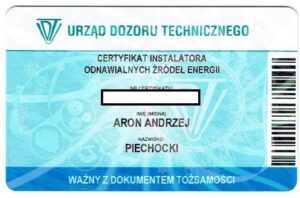 Instalator odnawialnych źródeł energii certyfikat Urząd Dozoru Technicznego Aron Piechocki Green House Systems
