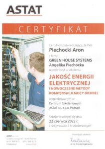 Jakość energii elektrycznej i nowoczesne metody kompensacji mocy biernej certyfikat Aron Piechocki Green House Systems