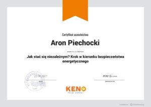Krok w kierunku bezpieczeństwa energetycznego certyfikat Aron Piechocki Green House Systems