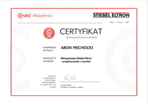 Projektowanie i montaż rekuperacji Stiebel Eltron certyfikat Aron Piechocki Green House Systems