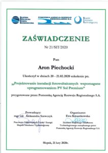 Projektowanie instalacji fotowoltaicznych wspomagane oprogramowaniem certyfikat PV Sol Premium Aron Piechocki Green House Systems
