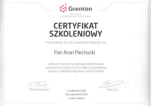 Projektowanie konfiguracja i wykonywanie instalacji systemu inteligentnego domu certyfikat Grenton I stopień Aron Piechocki Green House Systems
