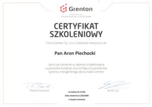 Projektowanie konfiguracja i wykonywanie instalacji systemu inteligentnego domu certyfikat Grenton II stopień Aron Piechocki Green House Systems