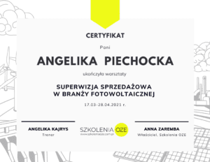 Superwizja sprzedażowa w branży fotowoltaicznej certyfikat Szkolenia OZE Angelika Piechocka Green House Systems