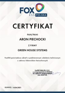 Szkolenie falowniki łańcuchowe certyfikat FoxESS Aron Piechocki Green House Systems