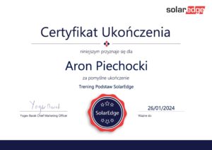 Trening podstaw certyfikat Solar Edge Aron Piechocki Green House Systems