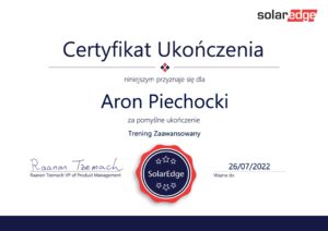Trening zaawansowany certyfikat Solar Edge Aron Piechocki Green House Systems