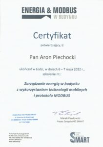 Zarządzanie energią w budynku z wykorzystaniem technologii mobilnych i protokołu MODBUS certyfikat Aron Piechocki Green House System