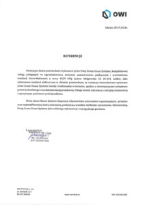 Referencje firmy OWI Tech wydanej dla Green House Systems