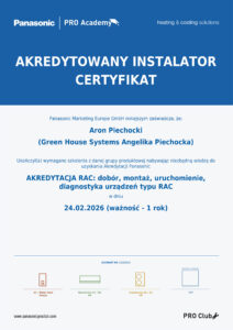 Certyfikat Autoryzowanego Instalatora Klimatyzacji Panasonic typu RAC - Aron Piechocki Green House Systems