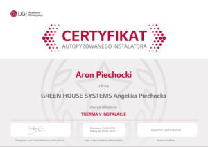 Certyfikat Autoryzowanego Instalatora Klimatyzacji i Pomp Ciepła LG - Aron Piechocki Green House Systems