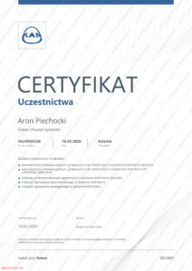 Certyfikat Instalatora Ogrzewania Podłogowego Płaszczyznowego Oraz Instalacji Wodnych Grzewczych i Chłodniczych KAN-therm - Aron Piechocki Green House Systems