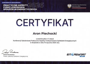 Certyfikat Szkoleniowy Funkcjonowania Spółdzielni Energetycznych - Aron Piechocki Green House Systems