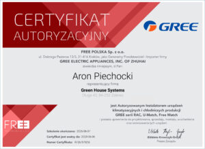 Certyfikat Autoryzowanego Instalatora Urządzeń Klimatyzacyjnych i Chłodniczych Gree -Aron Piechocki - Green House Systems