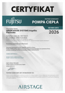 Certyfikat Partnera Serwisowego Pomp Ciepła Fujitsu Airstage - Aron Piechocki - Green House Systems